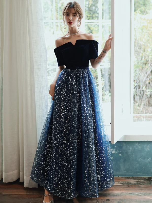 Charming Navy Blue Star Evening Dresses 2020 A-Line / Princess Suede Off-The-Shoulder Bow Short Sleeve Backless Floor-Length / Long Formal Dresses Charming Navy Blue Star Evening Dresses 2020 A-Line / Princess Suede Off-The-Shoulder Bow Short Sleeve Backless Floor-Length / Long Formal Dresses