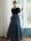 Charmant Marineblau Star Abendkleider 2020 A Linie Wildleder Off Shoulder Schleife Kurze Ärmel Rückenfreies Lange Festliche Kleider