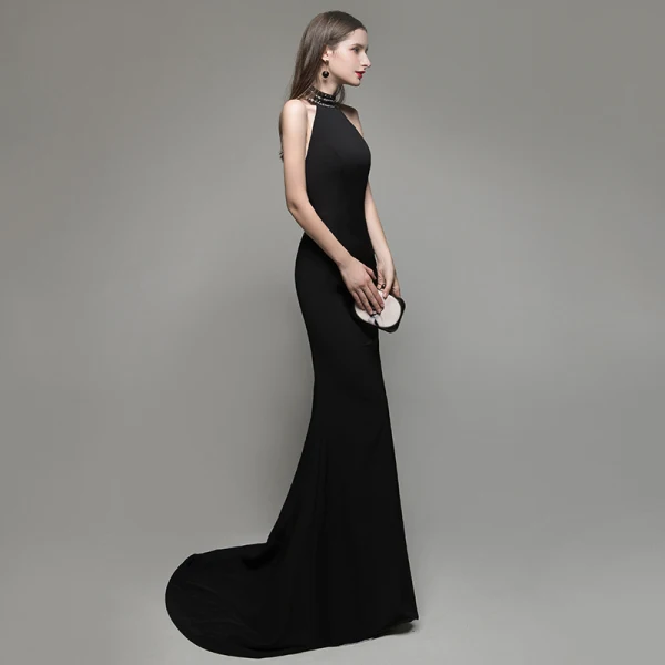 Sexy Couleur Unie Noire Robe De Soirée 2020 Trompette / Sirène Titulaire Perlage Sans Manches Dos Nu Train De Balayage Robe De Ceremonie