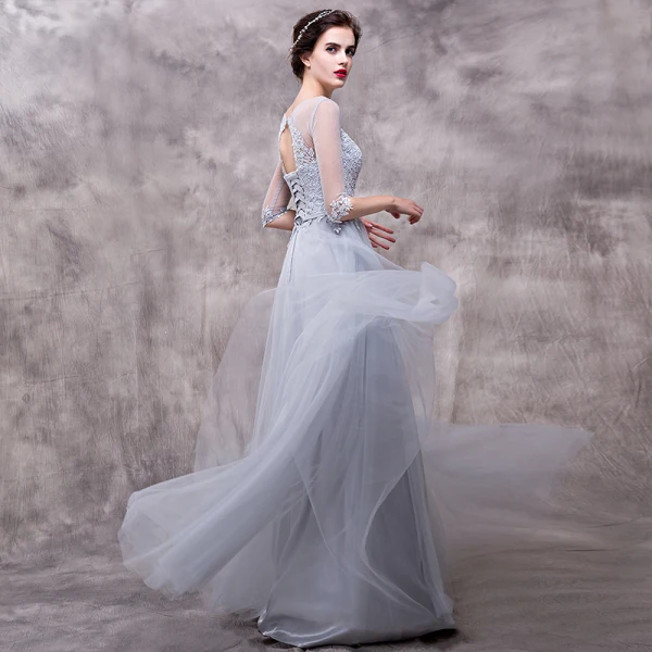 Chic / Beautiful Grey Evening Dresses 2018 A-Line / Princess Lace Flower Sash Scoop Neck Backless 3/4 Sleeve Floor-Length / Long Formal Dresses