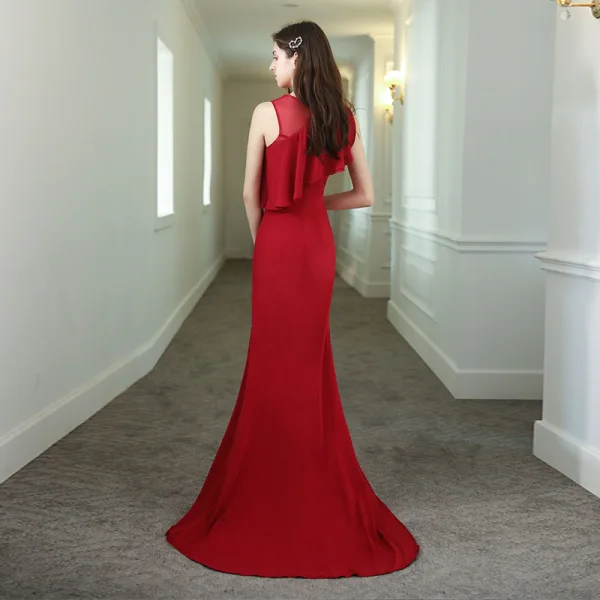 Chic / Belle Couleur Unie Rouge Robe De Soirée 2020 Trompette / Sirène Encolure Dégagée Sans Manches Fendue devant Train De Balayage Robe De Ceremonie