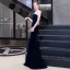 Élégant Couleur Unie Bleu Marine Robe De Soirée 2020 Trompette / Sirène Daim Une épaule Sans Manches Dos Nu Longue Robe De Ceremonie