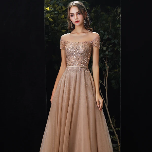 Charming Gold Evening Dresses  2020 A-Line / Princess Scoop Neck Beading Sequins Sash Short Sleeve Floor-Length / Long Formal Dresses