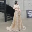 Charmant Champagne Robe De Soirée 2020 Princesse Bretelles Spaghetti Perlage Paillettes En Dentelle Fleur Manches Courtes Dos Nu Train De Balayage Robe De Ceremonie