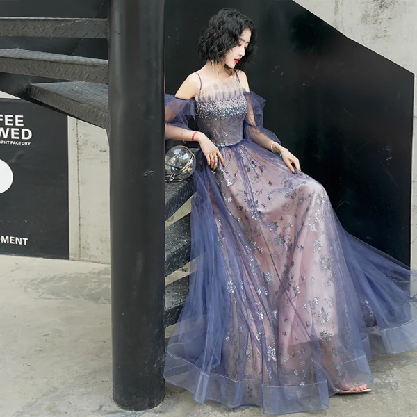 Fashion Purple Evening Dresses  2020 A-Line / Princess Spaghetti Straps Beading Sequins Lace Flower Short Sleeve Backless Floor-Length / Long Formal Dresses