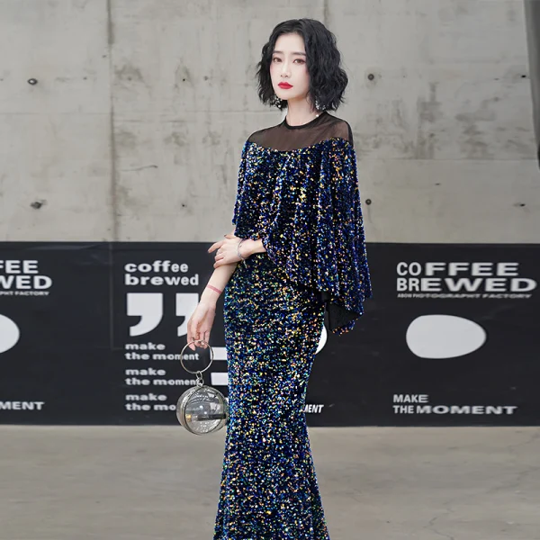 Scintillantes Multi-Couleurs Robe De Soirée 2020 Trompette / Sirène Paillettes Encolure Dégagée 3/4 Manches Longue Robe De Ceremonie