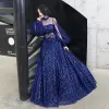 Chic Bleu Roi Robe De Soirée 2020 Princesse Col Haut Paillettes En Dentelle Fleur Manches Longues Dos Nu Longue Robe De Ceremonie