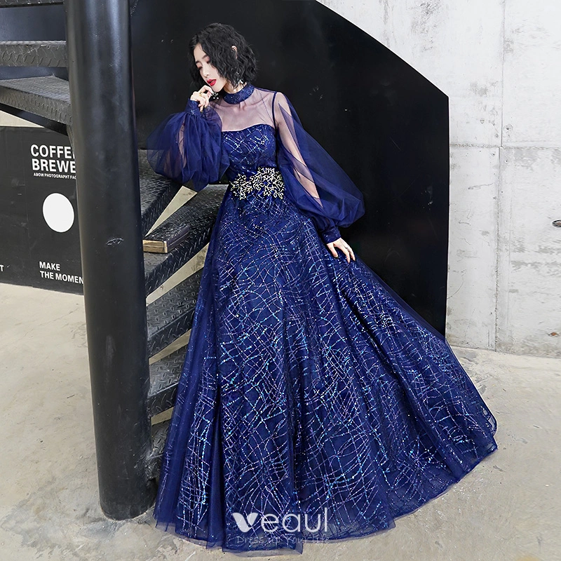 Classy Royal Blue Evening Dresses 2020 A-Line / Princess High Neck Sequins Lace Flower Long Sleeve Backless Floor-Length / Long Formal Dresses Classy Royal Blue Evening Dresses 2020 A-Line / Princess High Neck Sequins Lace Flower Long Sleeve Backless Floor-Length / Long Formal Dresses