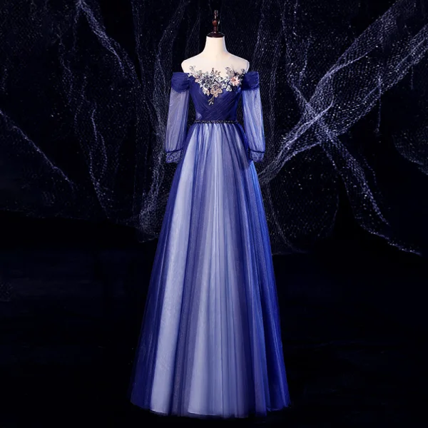 Elegant Navy Blue Prom Dresses 2020 Ball Gown Scoop Neck Beading Pearl Lace Flower 3/4 Sleeve Backless Floor-Length / Long Formal Dresses
