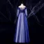 Elegant Navy Blue Prom Dresses 2020 Ball Gown Scoop Neck Beading Pearl Lace Flower 3/4 Sleeve Backless Floor-Length / Long Formal Dresses
