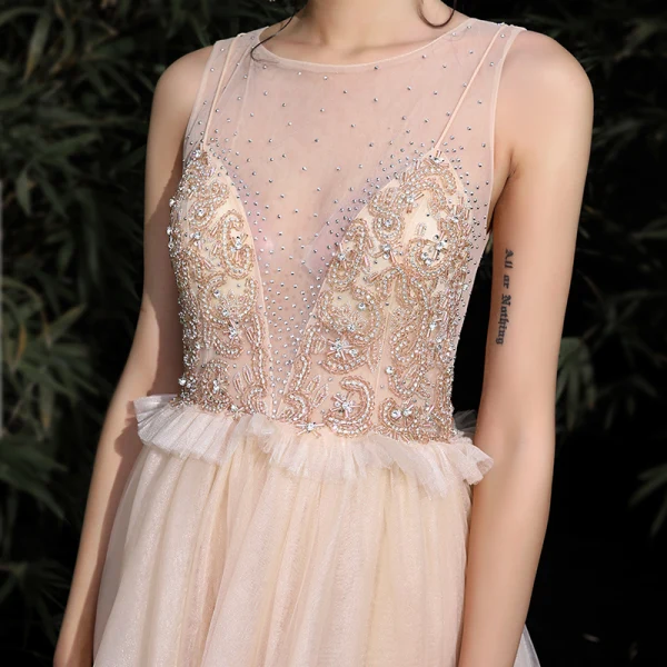 Elegant Gold Evening Dresses  2020 A-Line / Princess Scoop Neck Beading Rhinestone Sleeveless Floor-Length / Long Formal Dresses