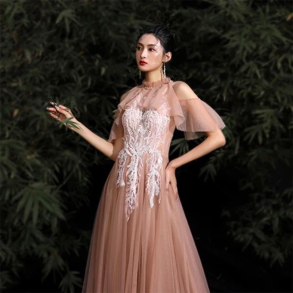 Chic / Belle Nues Robe De Bal 2020 Princesse Titulaire Perlage Paillettes En Dentelle Fleur Manches Courtes Dos Nu Train De Balayage Robe De Ceremonie