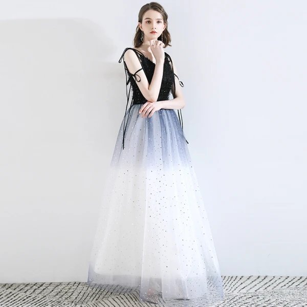 Fashion Ocean Blue Evening Dresses 2020 A-Line / Princess Spaghetti Straps Tassel Star Sequins Sleeveless Backless Floor-Length / Long Formal Dresses