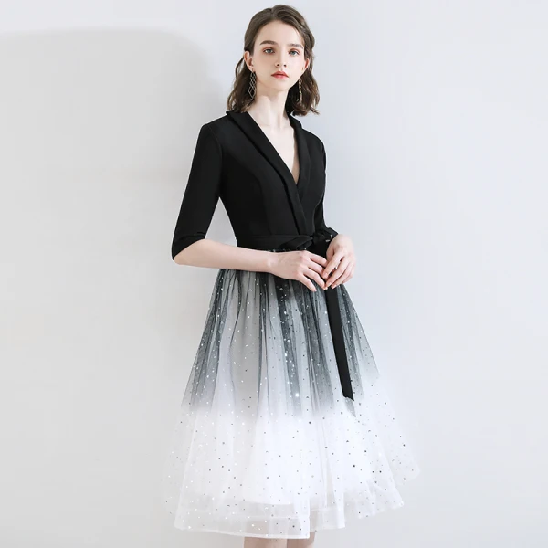 Chic / Beautiful Black Homecoming Graduation Dresses 2020 A-Line / Princess V-Neck Star Sequins Bow 1/2 Sleeves Knee-Length Formal Dresses