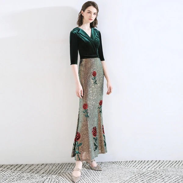 Classic Dark Green Evening Dresses 2020 Trumpet / Mermaid Suede V-Neck Sequins 1/2 Sleeves Ankle Length Formal Dresses