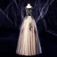 Elegant Black Prom Dresses 2020 Ball Gown Suede Scoop Neck Lace Flower Sequins Rhinestone Short Sleeve Backless Floor-Length / Long Formal Dresses