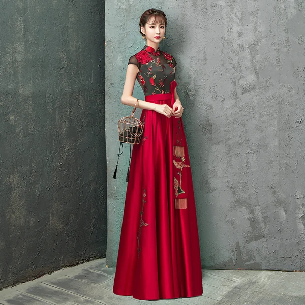 Style Chinois Rouge Robe De Soirée 2020 Princesse Col Haut Faux Diamant En Dentelle Fleur Noeud Mancherons Dos Nu Longue Robe De Ceremonie