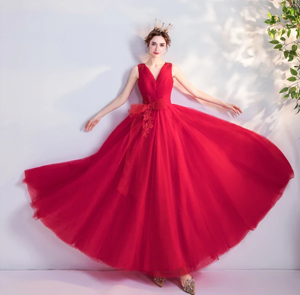 Chic / Beautiful Red Prom Dresses 2020 A-Line / Princess V-Neck Bow Beading Sequins Lace Flower Sleeveless Backless Floor-Length / Long Formal Dresses