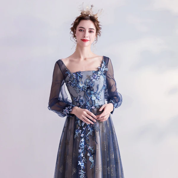 Vintage / Retro Navy Blue Prom Dresses 2020 A-Line / Princess Square Neckline Glitter Lace Flower Rhinestone Long Sleeve Backless Floor-Length / Long Formal Dresses