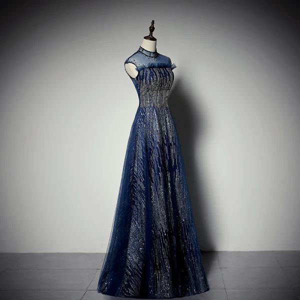 Glitzernden Marineblau Pailletten Abendkleider 2020 A Linie Stehkragen Strass Ärmellos Rückenfreies Lange Festliche Kleider