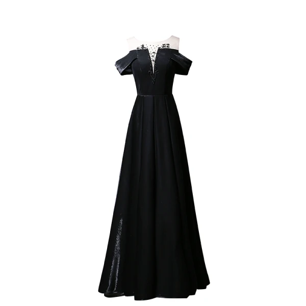 Elegant Black Evening Dresses 2020 A-Line / Princess Scoop Neck Beading Short Sleeve Backless Floor-Length / Long Formal Dresses