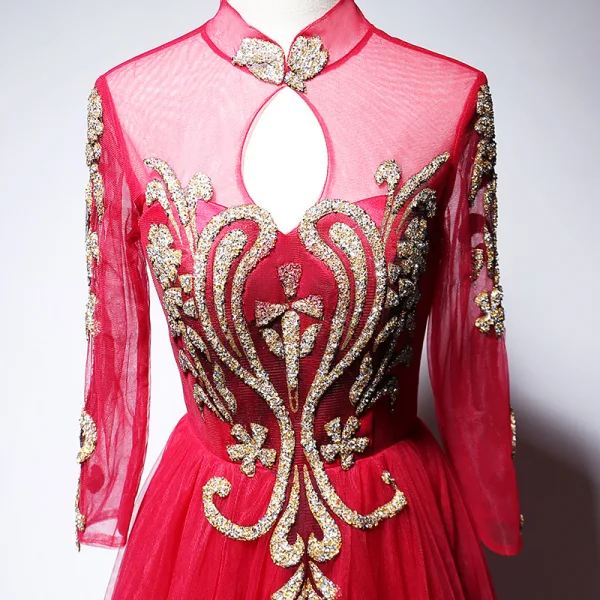 Chinese style Red Evening Dresses 2020 A-Line / Princess High Neck Beading Rhinestone Sequins Long Sleeve Floor-Length / Long Formal Dresses