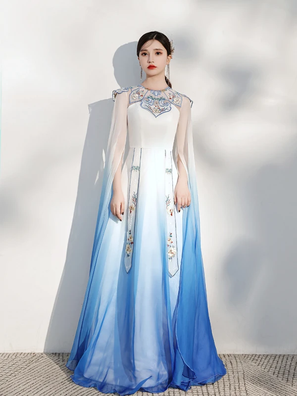 Chinese style Gradient-Color Pool Blue Silk Evening Dresses 2021 A-Line / Princess Scoop Neck Embroidered Short Sleeve Floor-Length / Long Evening Party Formal Dresses