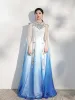 Chinese style Gradient-Color Pool Blue Silk Evening Dresses  2021 A-Line / Princess Scoop Neck Embroidered Short Sleeve Floor-Length / Long Evening Party Formal Dresses