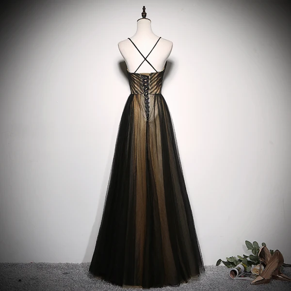 Chic / Belle Noire Robe De Soirée 2020 Princesse Bretelles Spaghetti Sans Manches Dos Nu Longue Robe De Ceremonie