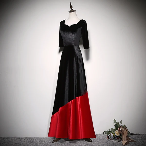 Chic / Beautiful Two Tone Evening Dresses 2020 A-Line / Princess Suede Square Neckline 1/2 Sleeves Backless Floor-Length / Long Formal Dresses