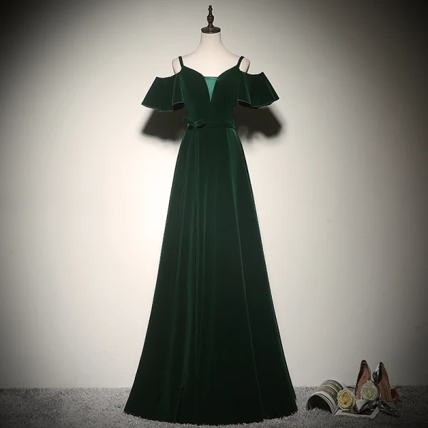 Modest / Simple Burgundy Evening Dresses  2020 A-Line / Princess Spaghetti Straps Suede Bow Short Sleeve Backless Floor-Length / Long Formal Dresses
