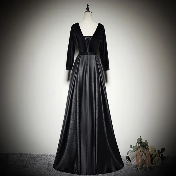 Modest / Simple Black Evening Dresses 2020 A-Line / Princess Suede V-Neck Long Sleeve Backless Floor-Length / Long Formal Dresses