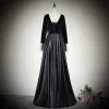 Modest / Simple Black Evening Dresses  2020 A-Line / Princess Suede V-Neck Long Sleeve Backless Floor-Length / Long Formal Dresses