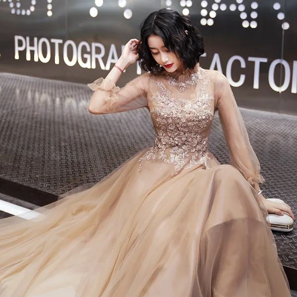 Elegant Champagne Evening Dresses 2020 A-Line / Princess High Neck Rhinestone Sequins Lace Flower Long Sleeve Backless Sweep Train Formal Dresses