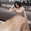 Elegant Champagne Evening Dresses  2020 A-Line / Princess High Neck Rhinestone Sequins Lace Flower Long Sleeve Backless Sweep Train Formal Dresses