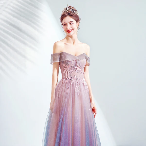 Charming Candy Pink Evening Dresses 2020 A-Line / Princess Off-The-Shoulder Glitter Tulle Beading Lace Flower Sleeveless Backless Floor-Length / Long Formal Dresses