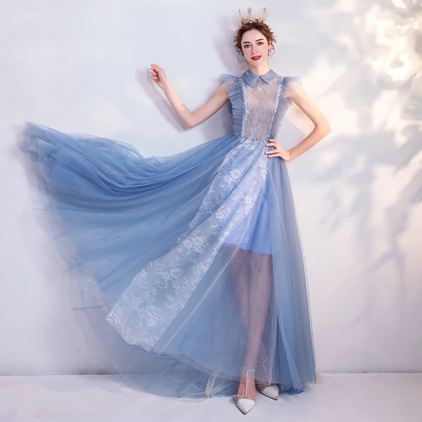 Vintage / Retro Sky Blue Evening Dresses 2020 A-Line / Princess High Neck Ruffle Lace Flower Sleeveless Floor-Length / Long Formal Dresses