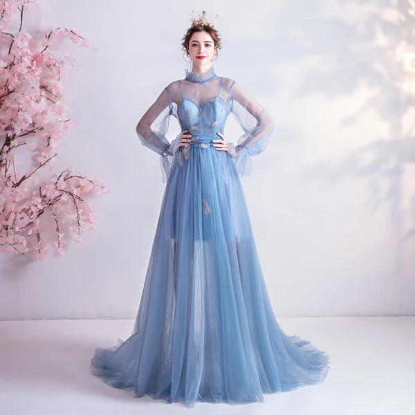 Vintage / Retro Sky Blue Evening Dresses 2020 A-Line / Princess High Neck Appliques Crystal Lace Flower Rhinestone Sequins Long Sleeve Backless Sweep Train Formal Dresses