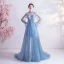 Vintage / Retro Sky Blue Evening Dresses  2020 A-Line / Princess High Neck Appliques Crystal Lace Flower Rhinestone Sequins Long Sleeve Backless Sweep Train Formal Dresses