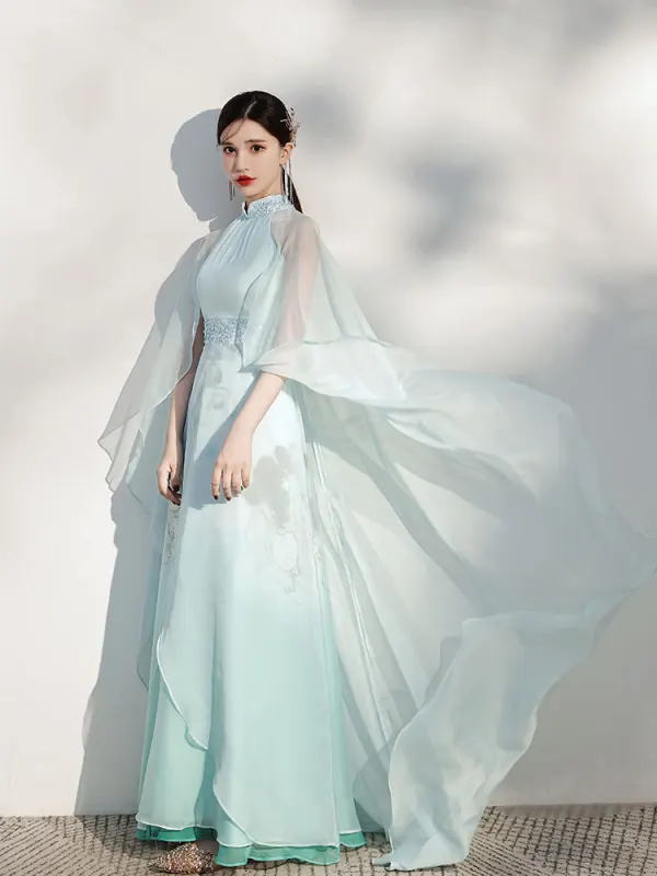 Chinese style Mint Green Printing Cheongsam / Qipao Evening Dresses  Chiffon 2021 A-Line / Princess High Neck Beading Short Sleeve Floor-Length / Long Evening Party Formal Dresses