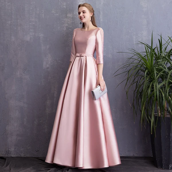 Chic / Beautiful Candy Pink Evening Dresses  2018 A-Line / Princess Bow Pearl Scoop Neck Backless 3/4 Sleeve Floor-Length / Long Formal Dresses