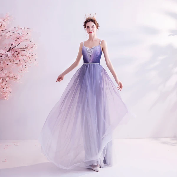 Charming Purple Evening Dresses 2020 A-Line / Princess Spaghetti Straps Beading Rhinestone Appliques Lace Flower Sleeveless Backless Floor-Length / Long Formal Dresses