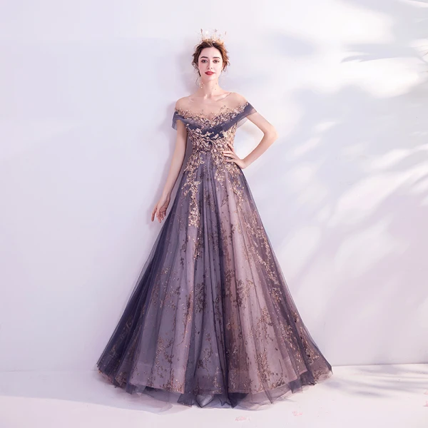 Elegant Purple Glitter Prom Dresses 2020 A-Line / Princess Scoop Neck Beading Rhinestone Sequins Lace Flower Short Sleeve Backless Sweep Train
