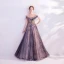Elegant Purple Glitter Prom Dresses 2020 A-Line / Princess Scoop Neck Beading Rhinestone Sequins Lace Flower Short Sleeve Backless Sweep Train