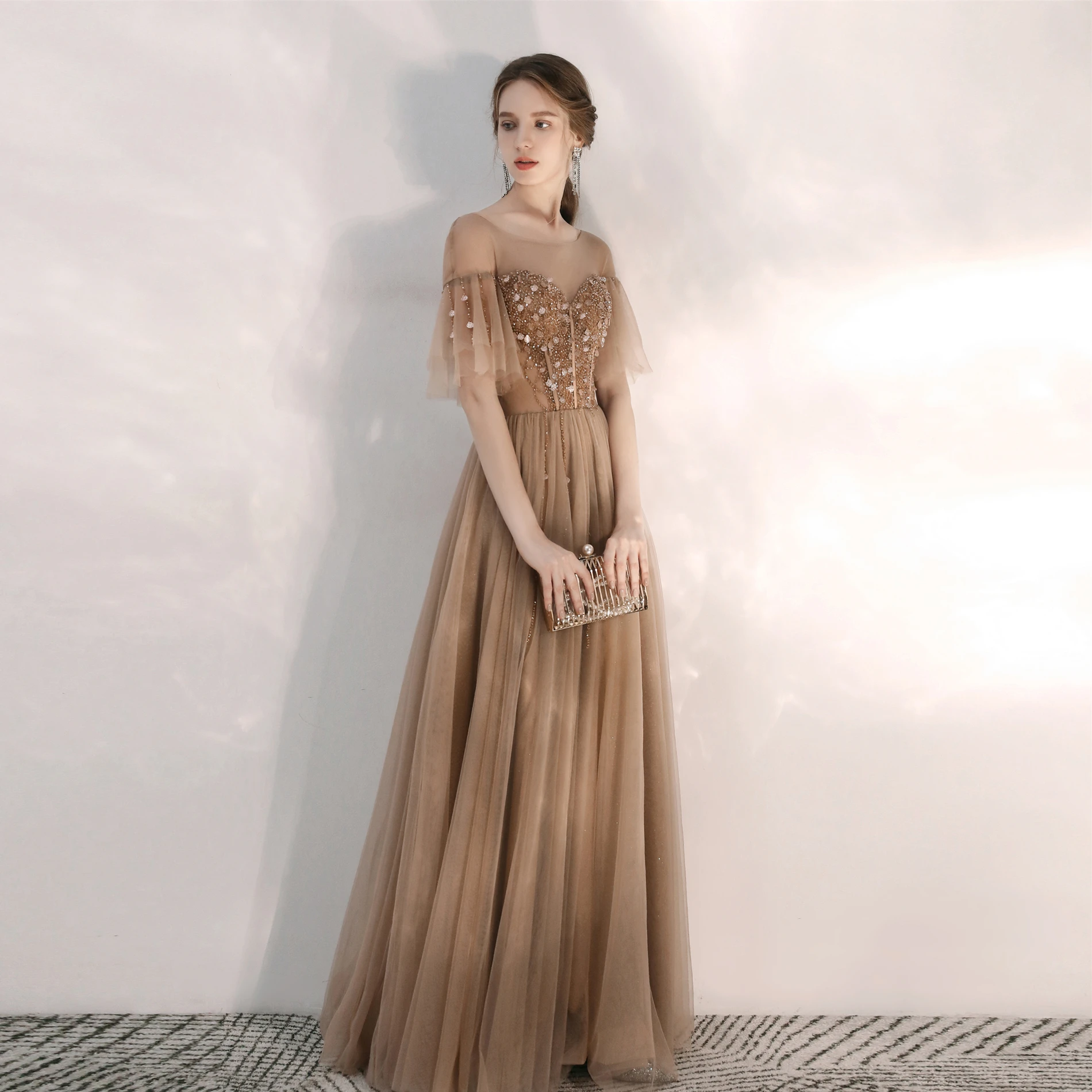 Elegant Brown Evening Dresses 2020 A Line Princess Scoop Neck Rhinestone  Sequins Short Sleeve Backless Floor Length Long Formal Dresses