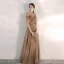Elegant Brown Evening Dresses  2020 A-Line / Princess Scoop Neck Rhinestone Sequins Short Sleeve Backless Floor-Length / Long Formal Dresses