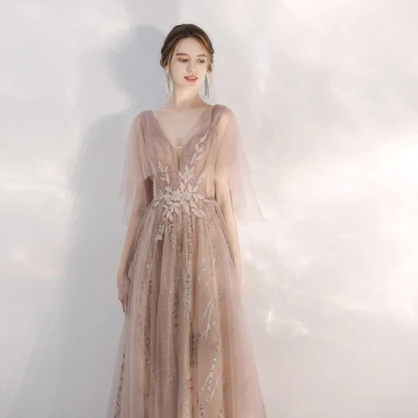 Chic / Beautiful Champagne Evening Dresses  2020 A-Line / Princess V-Neck Glitter Beading Lace Flower Rhinestone Sequins 1/2 Sleeves Backless Floor-Length / Long Formal Dresses