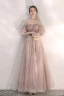 Classy Nude Prom Dresses 2020 A-Line / Princess Ruffle Off-The-Shoulder Star Lace Short Sleeve Backless Floor-Length / Long Formal Dresses