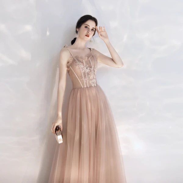Classy Champagne Prom Dresses 2020 A-Line / Princess Spaghetti Straps Beading Pearl Lace Flower Sleeveless Backless Floor-Length / Long Formal Dresses
