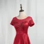 Elegant Burgundy Prom Dresses 2020 A-Line / Princess Scoop Neck Beading Crystal Short Sleeve Backless Floor-Length / Long Formal Dresses